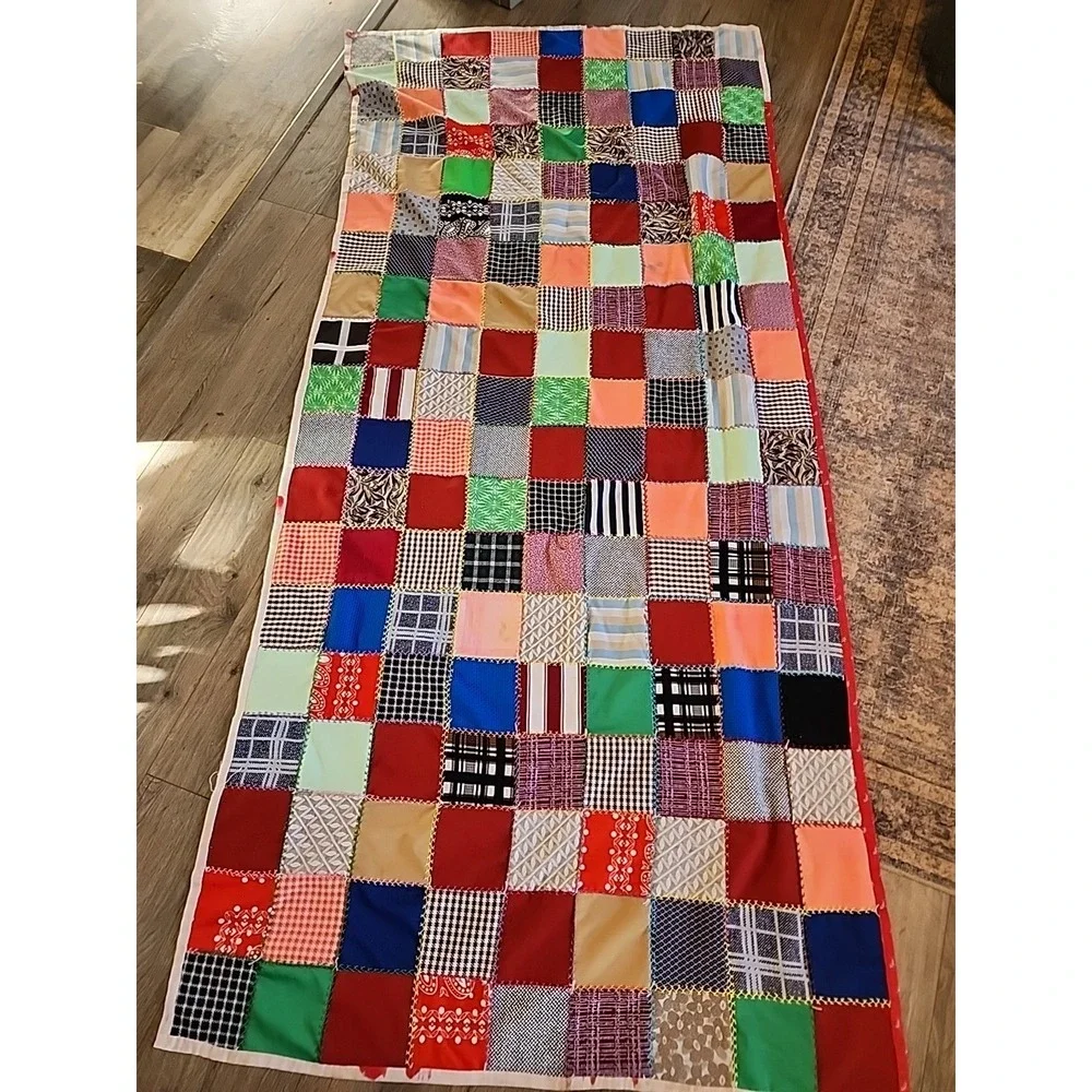 Vtg 60s 70s Patchwork squares Quilt Handmade Colorful Blanket 90